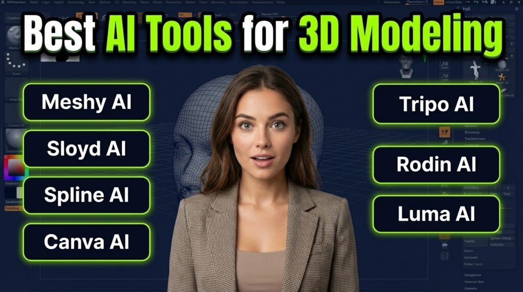 Best AI Tools for 3D Modeling in 2026 including Meshy AI, Sloyd AI, Spline AI, Canva AI, Tripo AI, Rodin AI and Luma AI