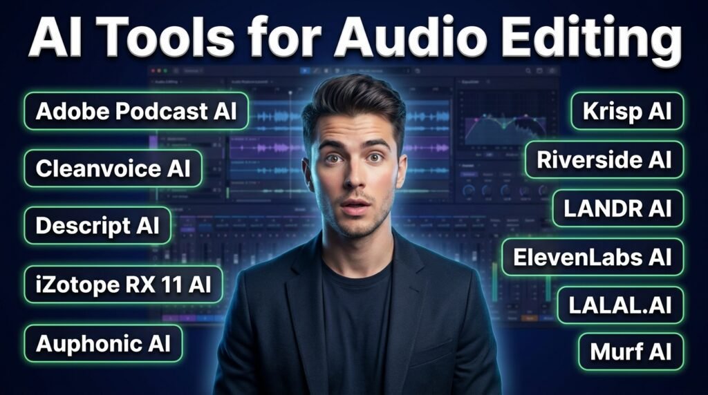 List of the best AI tools for audio editing featuring apps like Adobe Podcast, Descript, and Cleanvoice, with a man standing in front of an audio waveform background.