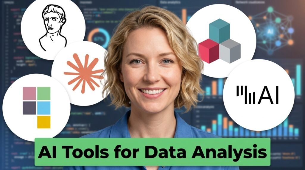 Best AI tools for data analysis banner featuring a professional woman surrounded by analytics tool logos and data charts