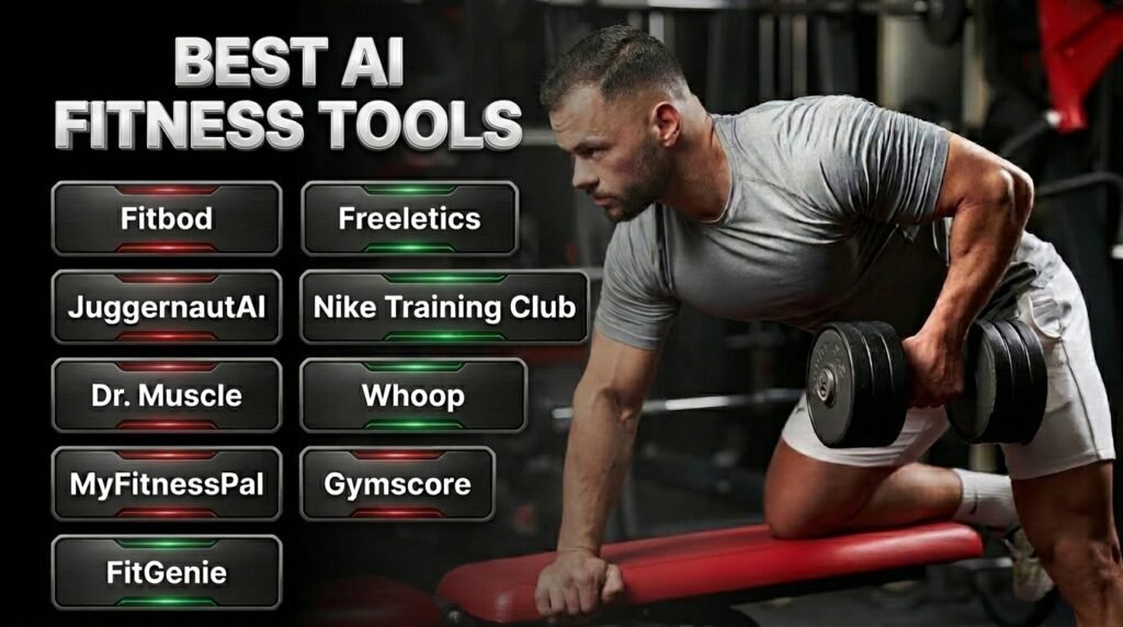 Best AI fitness tools list featuring apps like Fitbod, Freeletics, and JuggernautAI alongside a man lifting weights.