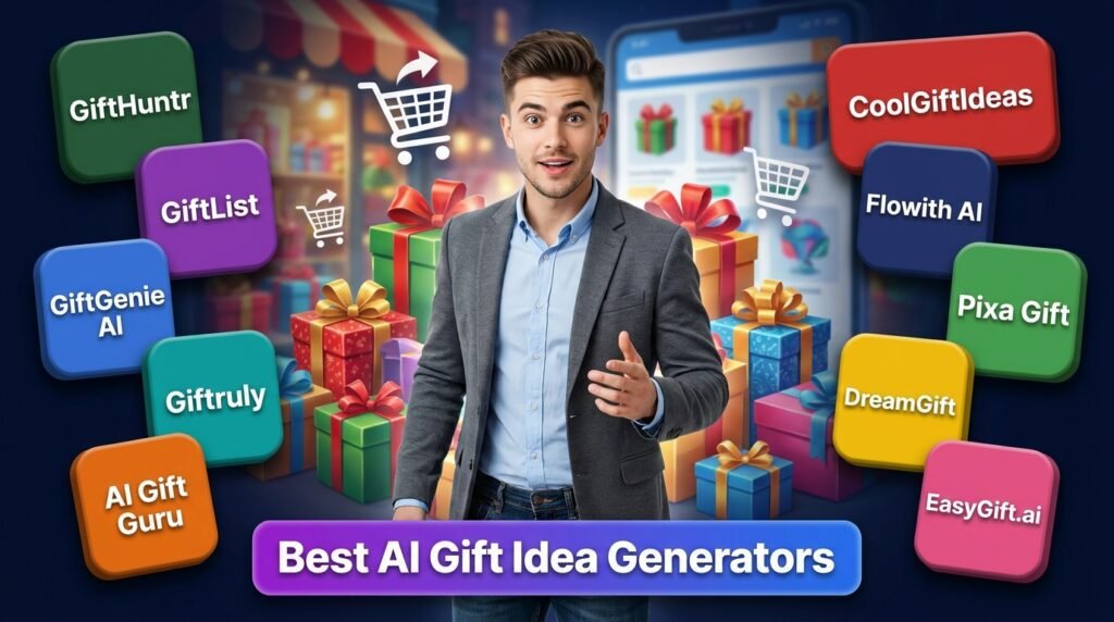 Best AI Gift Idea Generators in 2026 including GiftHuntr, GiftList, GiftGenie AI, Giftruly, AI Gift Guru, CoolGiftIdeas, Flowith AI, Pixa Gift, DreamGift and EasyGift.ai