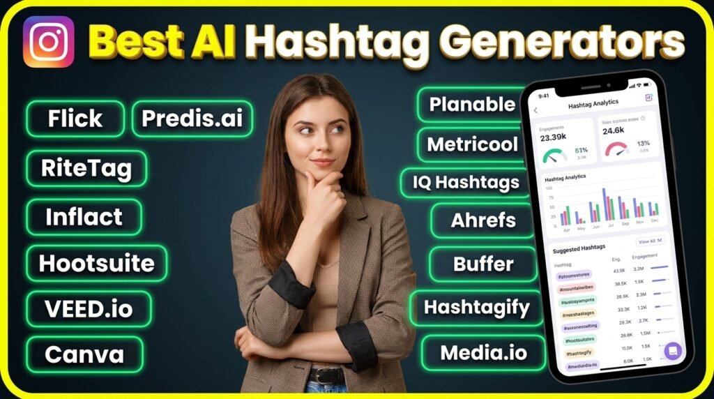 Best AI Hashtag Generators in 2026 including Flick, Predis.ai, RiteTag, Inflact, Hootsuite, VEED.io, Canva, Planable, Metricool, IQ Hashtags, Ahrefs, Buffer, Hashtagify and Media.io