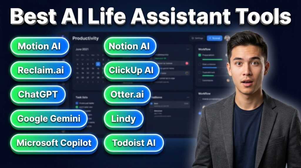 Best AI Life Assistant Tools in 2026 including Motion AI, Reclaim.ai, ChatGPT, Google Gemini, Microsoft Copilot, Notion AI, ClickUp AI, Otter.ai, Lindy and Todoist AI