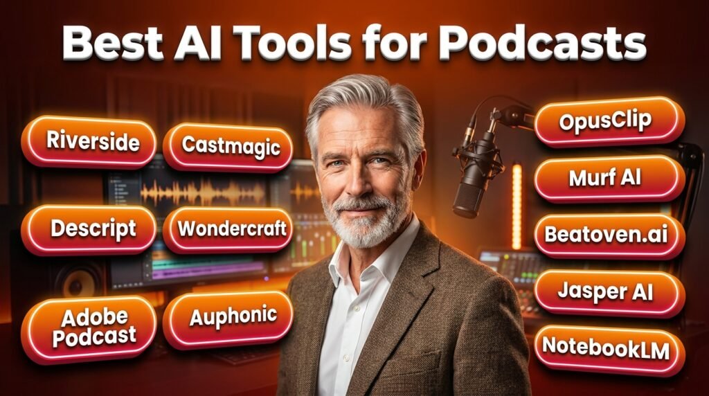 Best AI Tools for Podcasts in 2026 including Riverside, Descript, Adobe Podcast, Castmagic, Wondercraft, Auphonic, OpusClip, Murf AI, Beatoven.ai, Jasper AI and NotebookLM