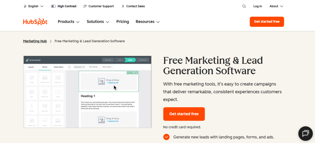 HubSpot CRM main dashboard displaying inbound marketing and all-in-one lead generation tools