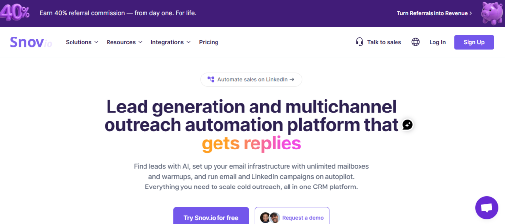 Snov.io homepage displaying easy-to-use email finder tools and automated drip campaigns for small teams