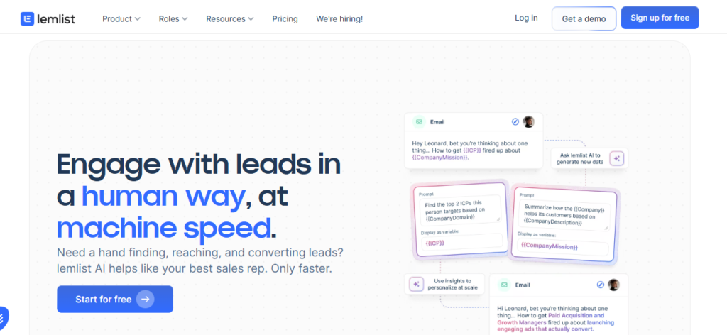 Lemlist software homepage showing highly personalized multichannel email and LinkedIn outreach campaigns