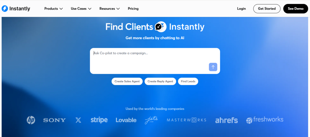 Instantly.ai homepage interface displaying cold email automation and high deliverability tools