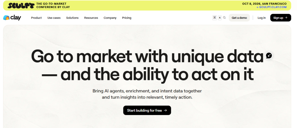 Clay AI platform main page highlighting custom data enrichment workflows from multiple sources