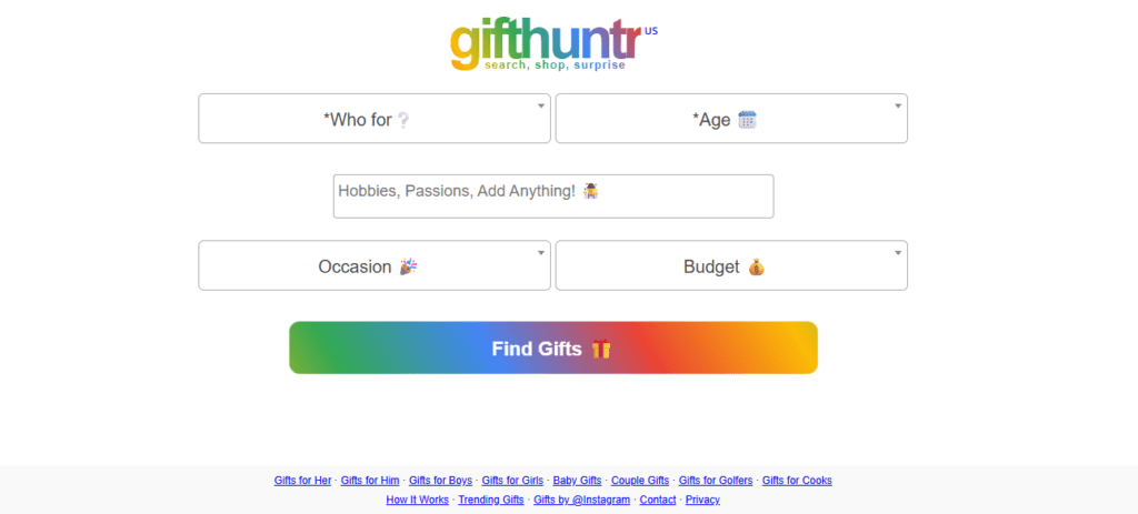 GiftHuntr AI gift idea generator homepage showing personalized gift search with age, budget and interest filters