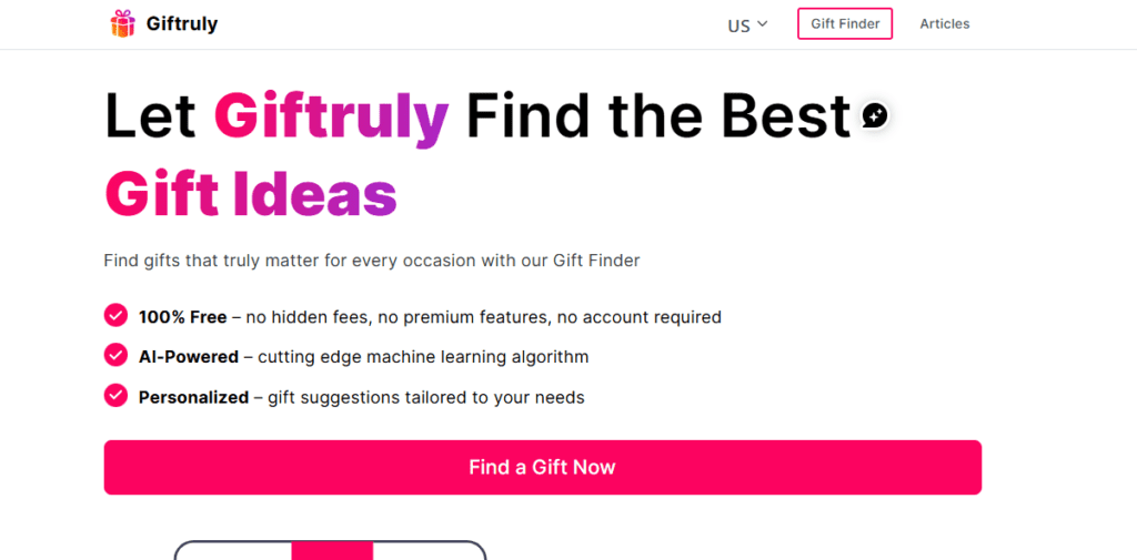 Giftruly AI gift generator homepage showing personality-based gift idea search with guided questions and budget filters