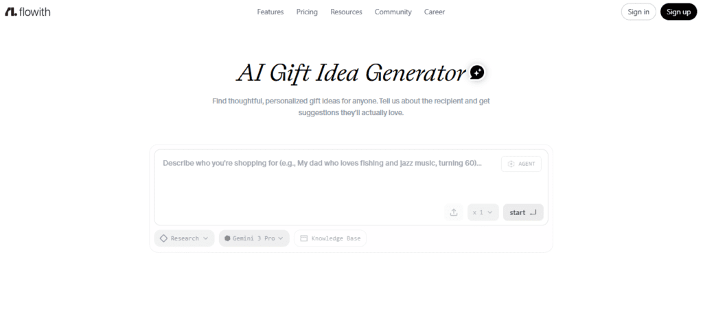 Flowith AI homepage showing conversational chat-based gift idea generator with natural language input and follow-up questions