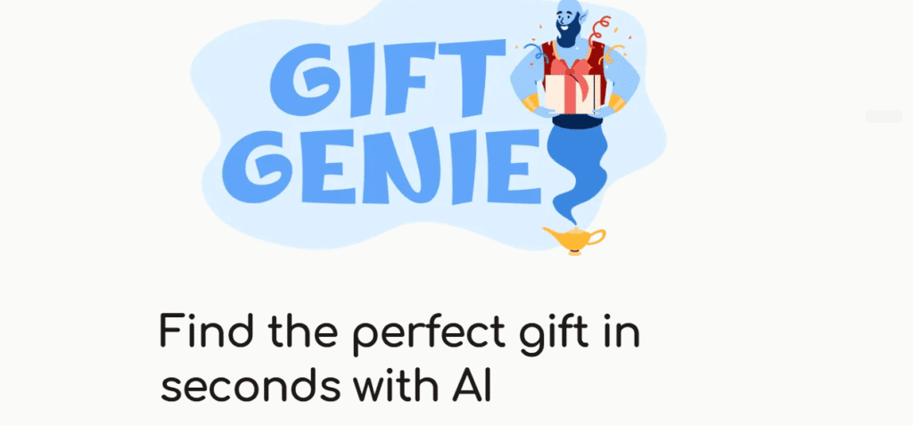 GiftGenie AI homepage showing Amazon-linked gift idea generator with occasion and budget filtering options