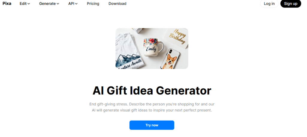 Pixa Gift Generator homepage showing visual AI-powered creative gift idea generator with occasion and interest filters