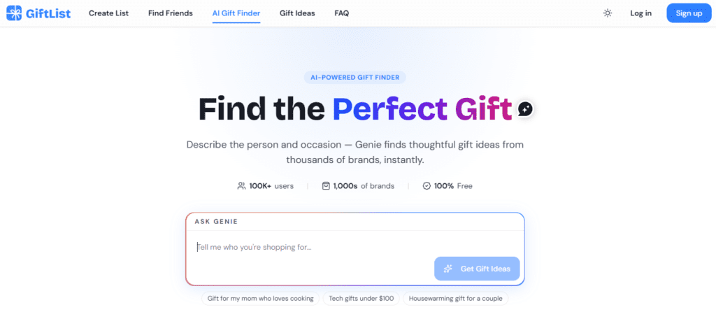 GiftList AI gift generator homepage showing natural language gift search interface for instant personalized suggestions