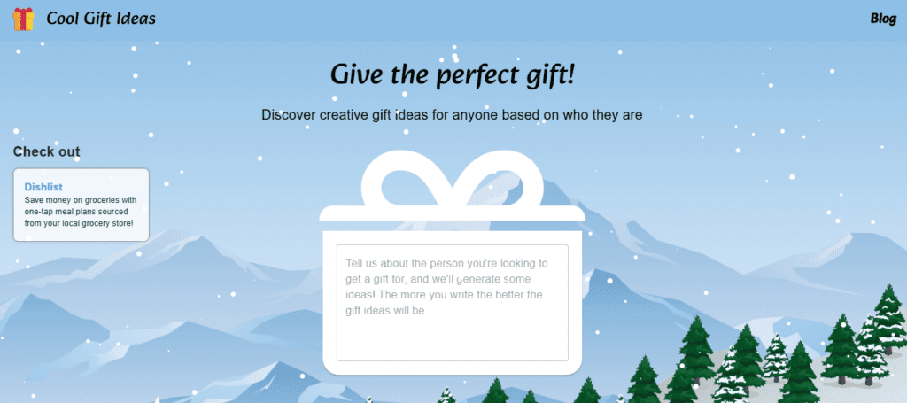 CoolGiftIdeas.io homepage showing hobby-based AI gift idea generator with occasion specific curated gift guides
