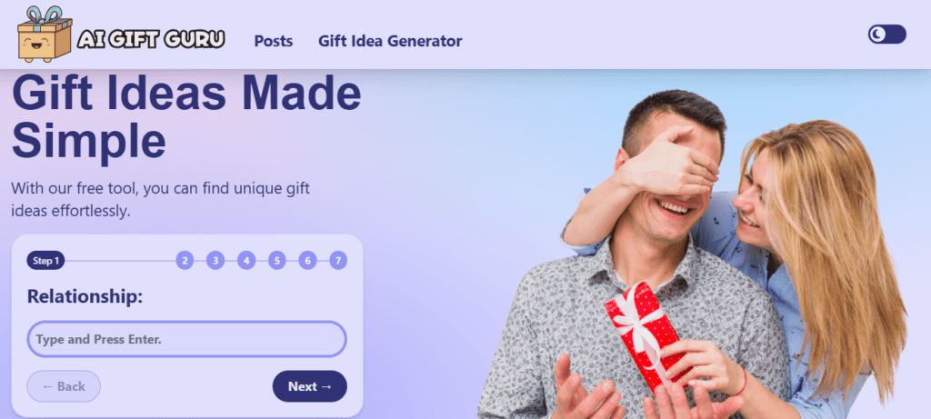 AI Gift Guru homepage showing free personalized gift idea generator with Amazon links and date reminder feature
