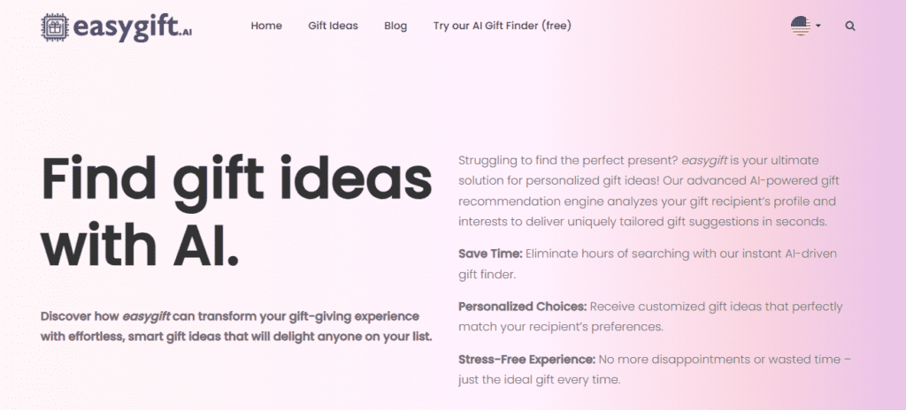 EasyGift AI homepage showing clean simple gift idea generator with recipient profile input and budget sensitive recommendations