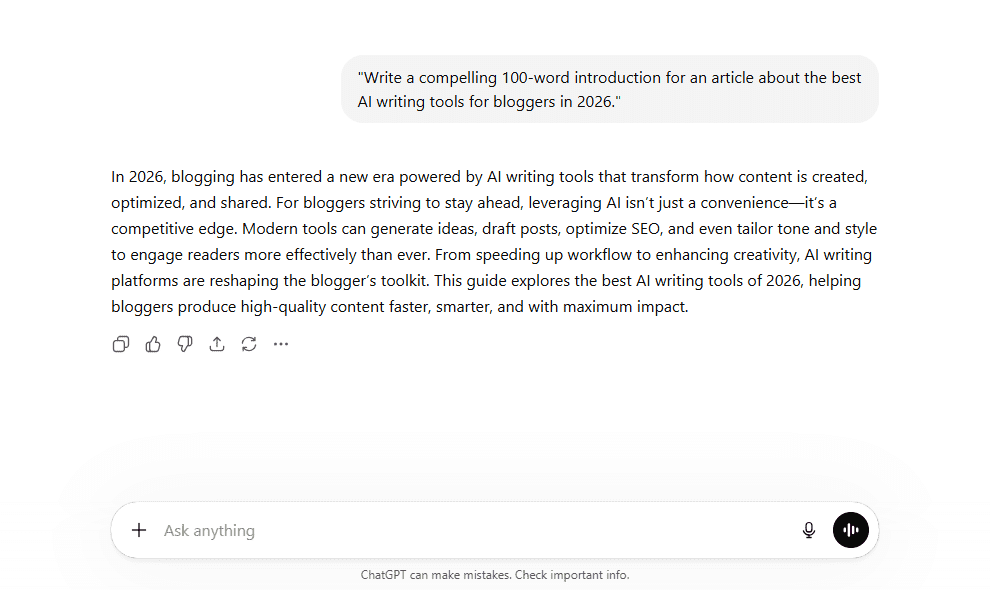 ChatGPT AI prompt test generating a blog introduction about AI writing tools