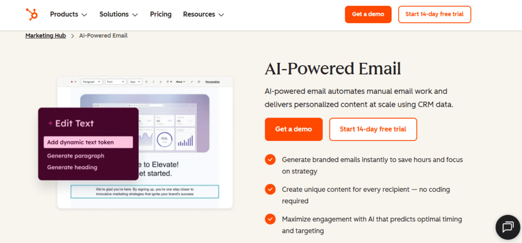 HubSpot as the only platform that combines AI-powered email campaigns with a full CRM, landing pages, and ad management.