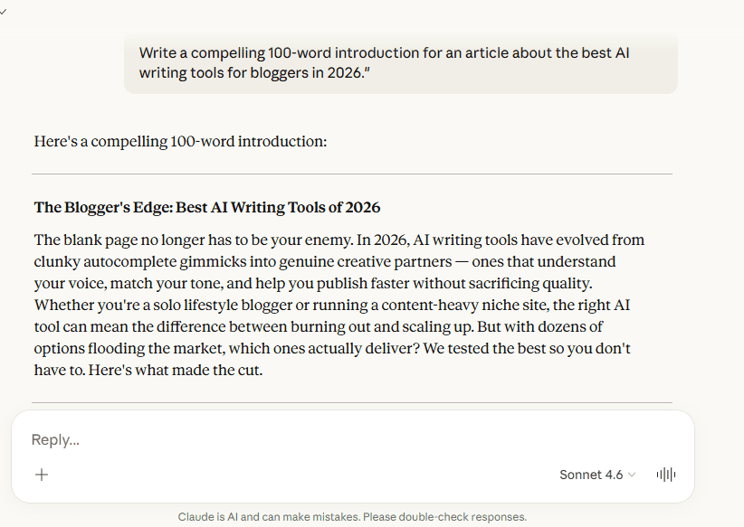 Claude AI prompt test generating a blog introduction about AI writing tools