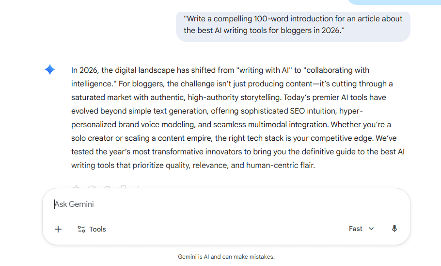 Gemini AI prompt test generating a blog introduction about AI writing tools
