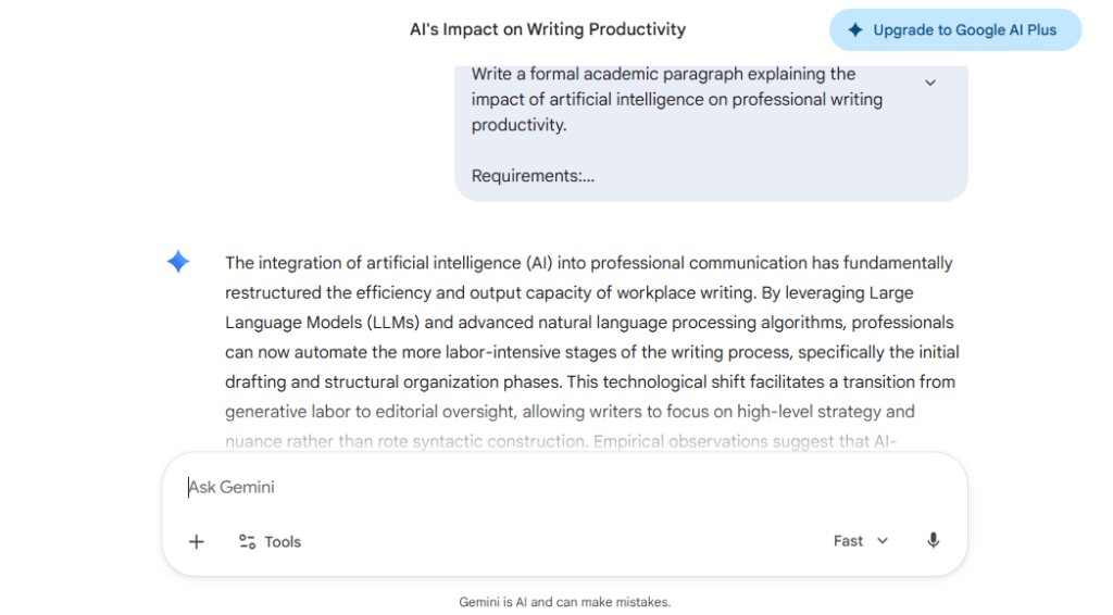 Academic writing test: We asked each tool to summarize a complex research topic in formal language and assessed its awareness and use of language.