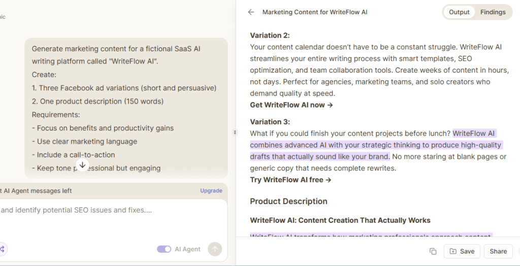 Marketing copy test: Using the prompt, we generated three Facebook ad variants and a product description for a fictional SaaS tool.