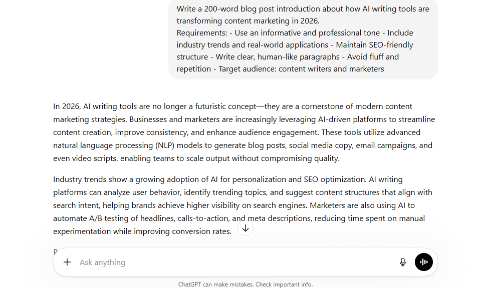 Blog posts test: We asked the tools to produce a 200-word intro section on a tech topic