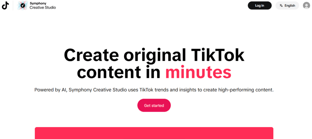 TikTok Creative Studio homepage showing AI powered ad creation smart creative optimization trend analysis and TikTok Ads Manager integration