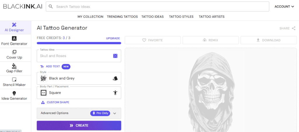 BlackInk AI tattoo generator homepage showing stencil generation dotwork blackwork and traditional Japanese tattoo style design tools