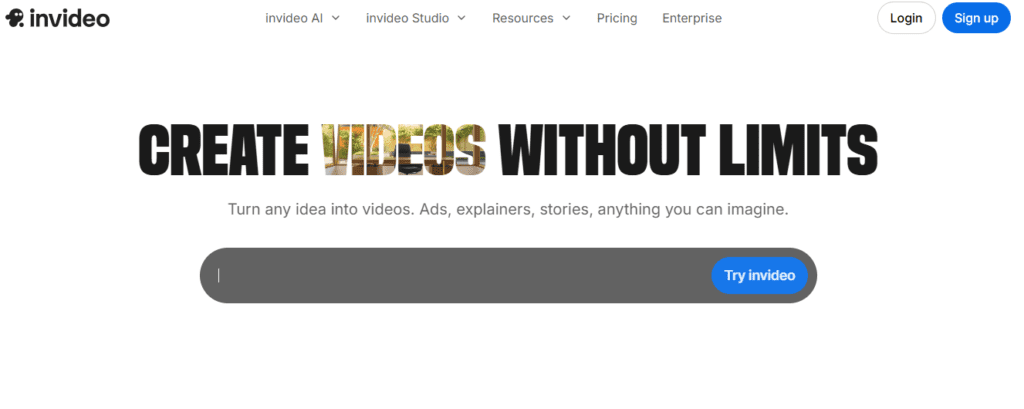 InVideo AI text to video generator homepage showing full TikTok video pipeline with auto captions stock footage and AI voiceover