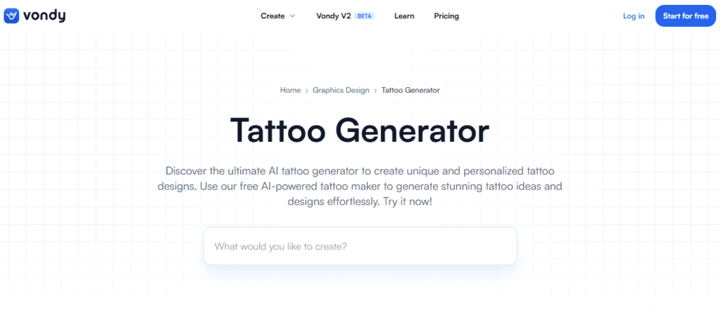 Vondy AI tattoo generator homepage showing no signup free tattoo design tool with style dropdown geometric minimalist and nature inspired tattoo options