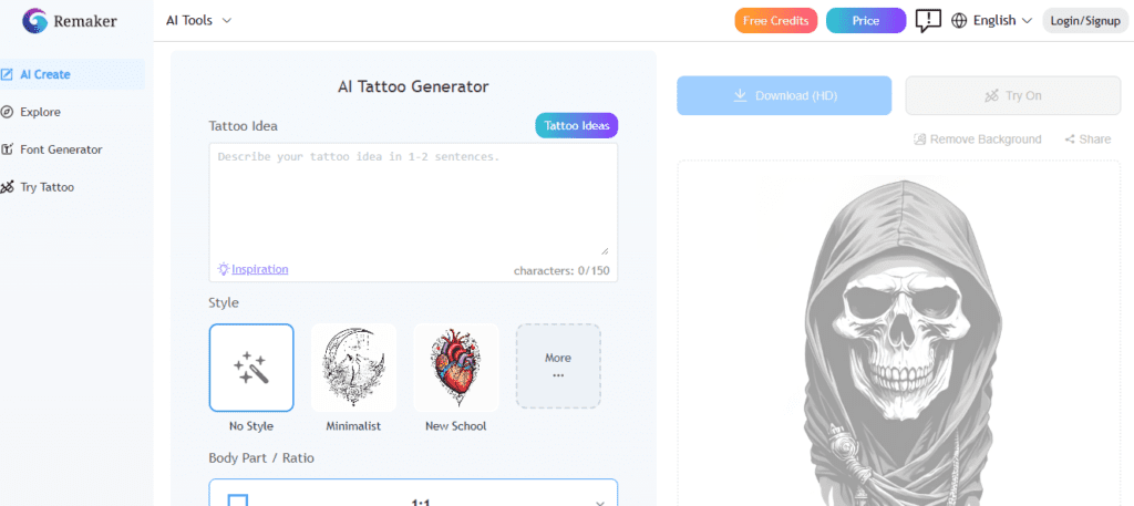 Remaker AI tattoo generator homepage showing 15 second fast tattoo generation tool with daily free quota and polished design output