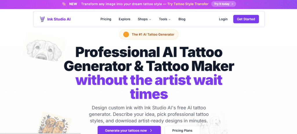 Ink Studio AI tattoo generator homepage showing fast styled tattoo mockups font generator body placement preview and size estimator