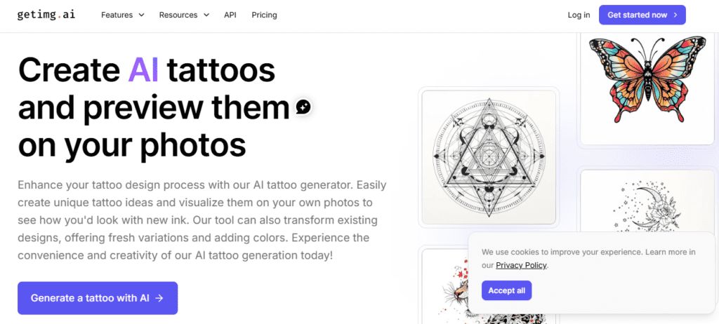 Getimg AI tattoo generator homepage showing full creative suite with custom model training image upscaling and advanced prompt control