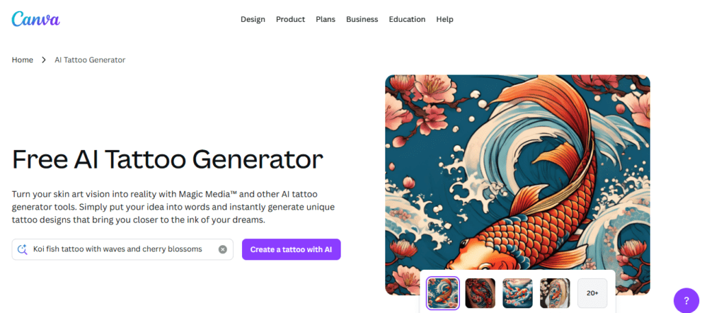Canva AI tattoo generator homepage showing beginner friendly tattoo design tool with color swap drag and drop editor and multi variation output