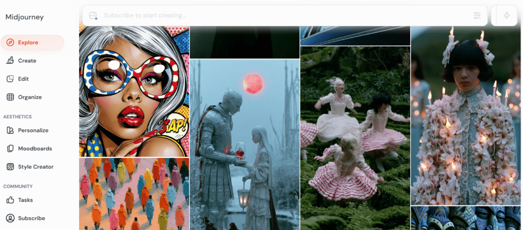 Midjourney AI image generator homepage showing artistic quality tattoo design creation with photorealistic rendering and ultra high resolution output