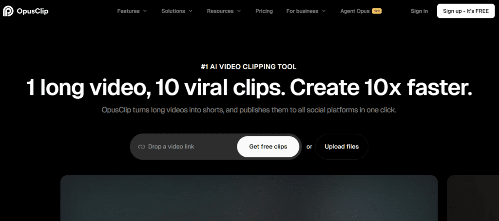 Opus Clip AI video repurposing tool homepage showing long form to TikTok short clip conversion with virality score and auto captions
