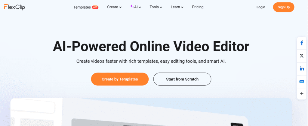 FlexClip AI TikTok video creator homepage showing customizable templates AI script writer text to speech and royalty free media library