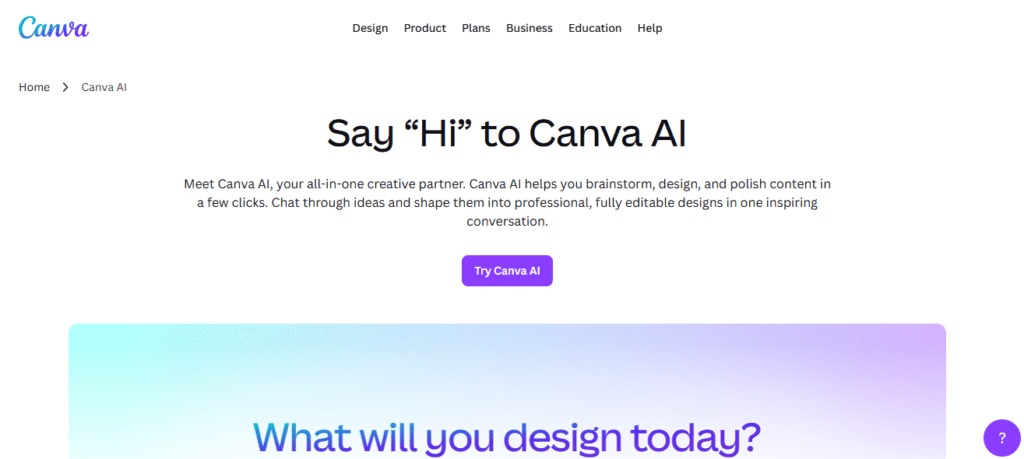 Canva AI video creator homepage showing TikTok video templates brand consistency tools text to video generation and team collaboration