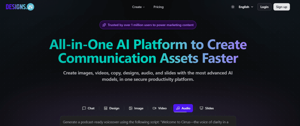 Designs AI all in one TikTok video creator homepage showing AI voiceover generator logo maker and TikTok optimized video templates