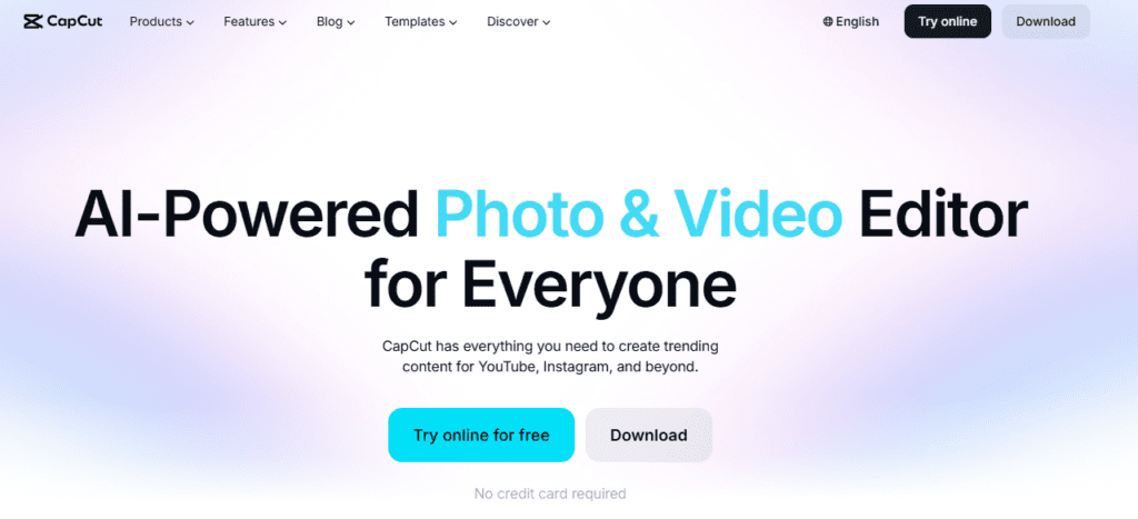 CapCut free AI video editor homepage showing auto captions background removal AI voice effects and TikTok template library