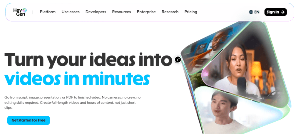 HeyGen AI avatar video generator homepage showing multilingual TikTok video creation with custom AI avatars and 9:16 format
