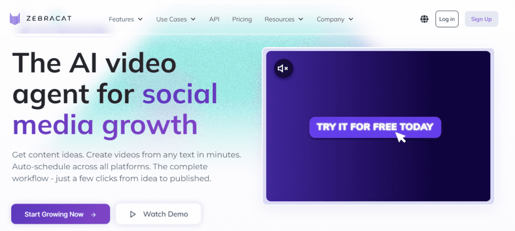 Zebracat AI scene generator homepage showing blog post to TikTok video conversion with AI generated visuals and auto caption overlay